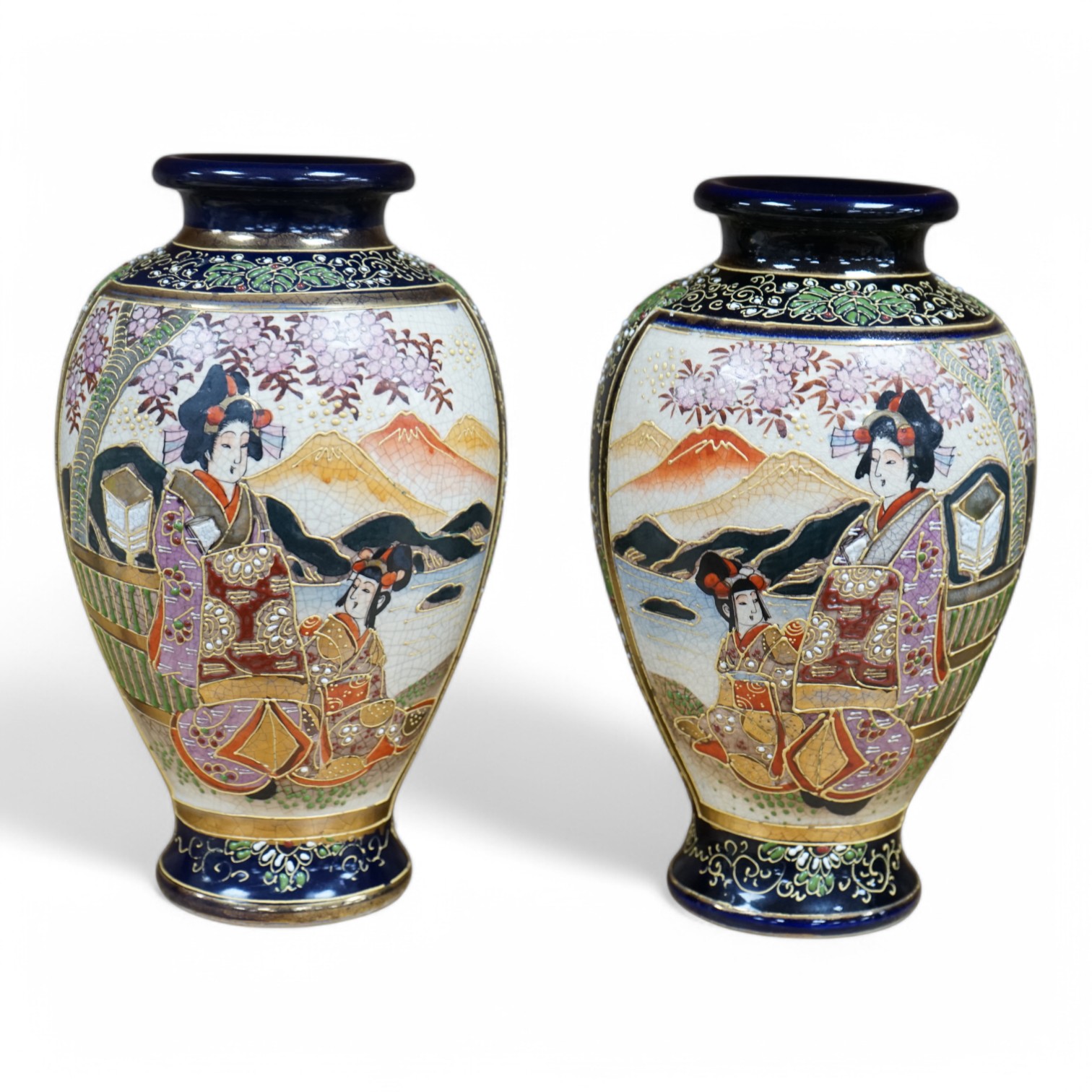 A pair of Japanese Satsuma vases, 22.5cm. Condition - good